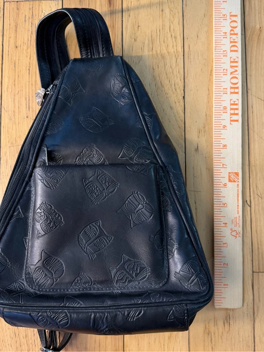 Laurel Burch Black Genuine Leather Embossed Cat Face Sling Bag Backpack